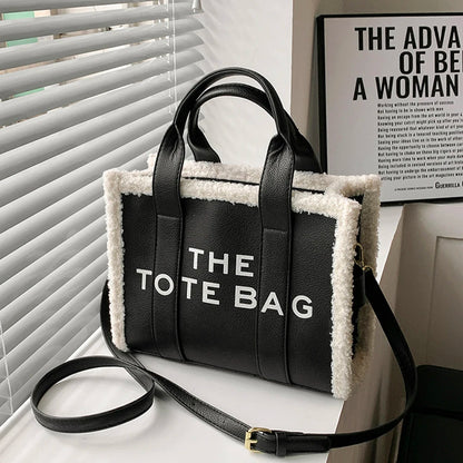 Winter Soft Lamb Wool Stitching Top-Handle Bags PU Leather Fashion Small Crossbody Bags Letter Print Ladies Square The Tote Bags