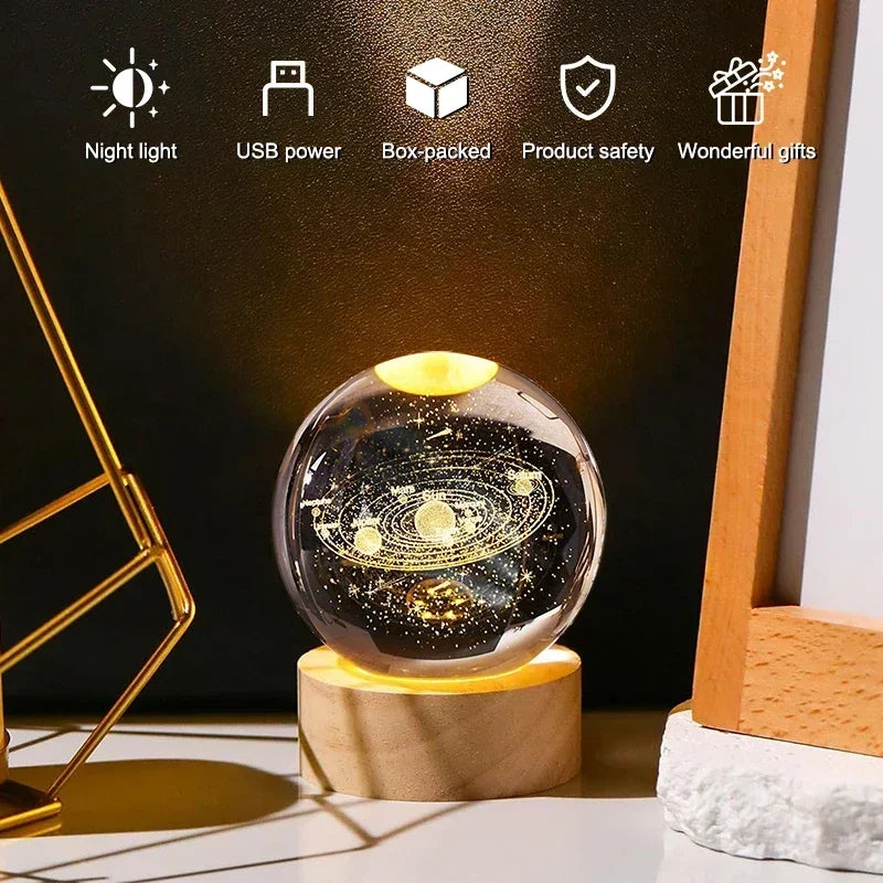 Luminous 3D Crystal Ball LED Night Light – Saturn Solar System & Moon Design, USB Bedroom Lamp, Atmosphere Light for Kids' Birthday Gift