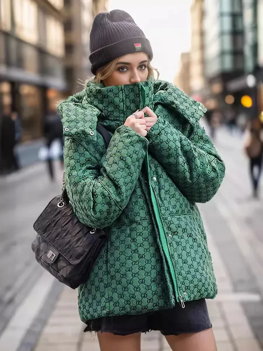 Hooded Green Printed Jacket with Zippers Chic Casual