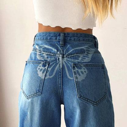 High Waist Wide Leg Denim Pants with Butterfly Design and Streetwear Style