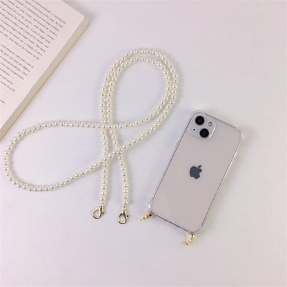 Luxury Korean Crossbody Pearl Chain Phone Case with Transparent Cover and Strap for iPhone