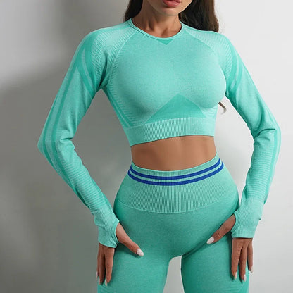 Women's Seamless Yoga Set with High Waist Leggings and Long Sleeve Top