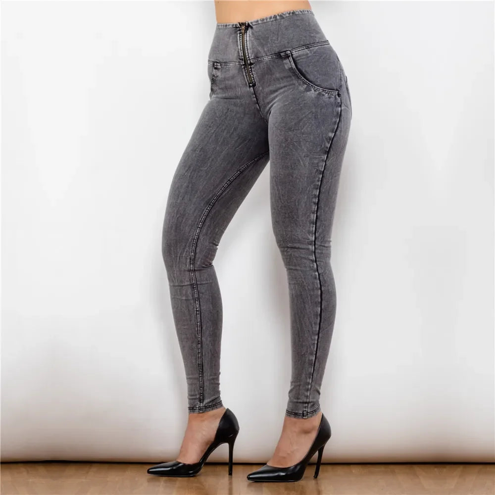 Shascullfites Melody High/Mid Waist Denim Jeans Faux Denim Skinny Super Elastic Snow Wash Faded Gray Jeans Full Length