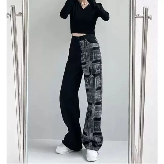 Asymmetrica Punk Hippie Pants Patchwork Trend Denim Jeans Pants for Women 2024 Vintage Loose Black Luxury Trousers Straight Long