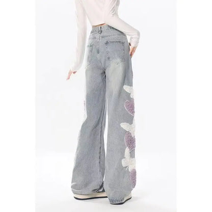 Light-Colored High Waist Jeans with Butterfly Embroidery and Straight-Leg Fit