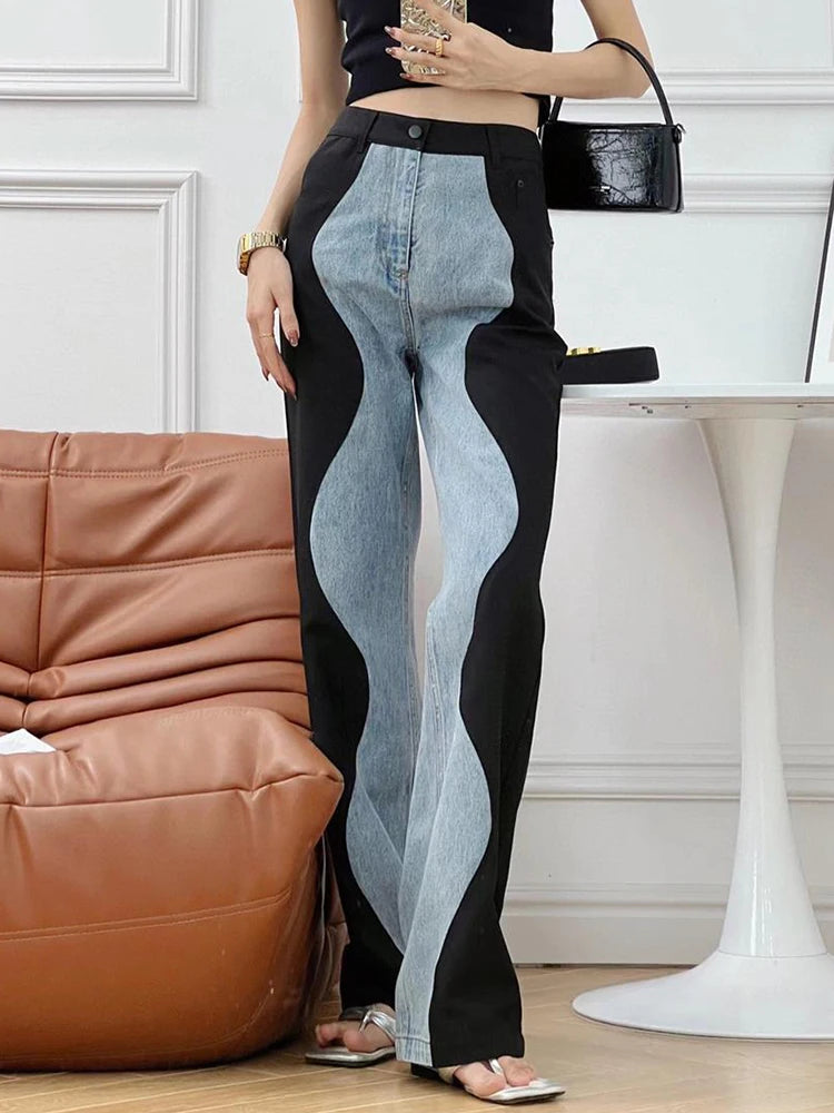 High Waist Black and Blue Wave Spliced Wide Leg Jeans Trendy Style