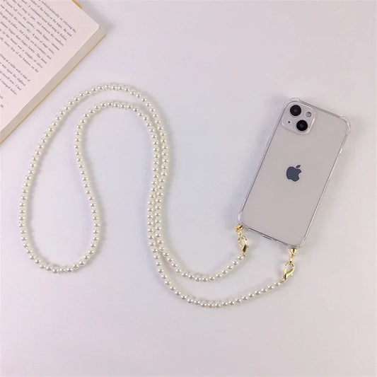 Luxury Korean Crossbody Pearl Chain Phone Case with Transparent Cover and Strap for iPhone