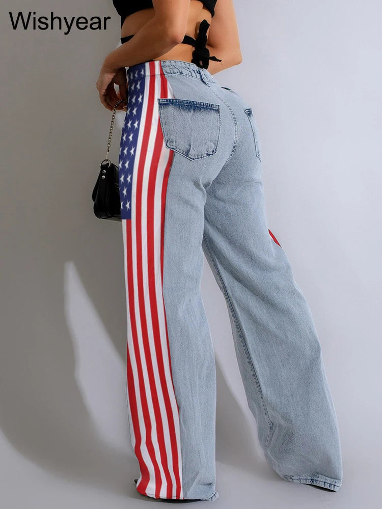 Wide Leg Baggy Jeans with High Waist and Stripe Patchwork Design