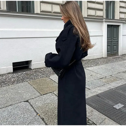 Women's Black Long Wool Coat with Belt and Lapel