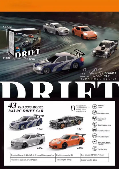 2.4G Höghastighets Drift Rc Bil 1/43 4WD Fjärrkontroll Bil Fyrhjulsdrift Radiostyrd Mini GTR Racing Modell Pojke Leksak Present