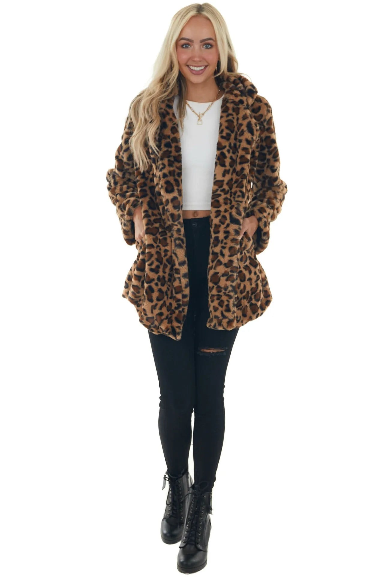 Leopard Print Faux Fur Coat with Pockets Loose and Stylish