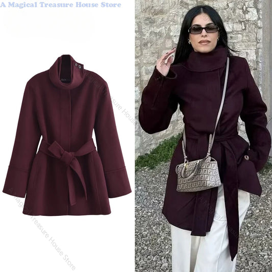 Women's Burgundy Tweed Coat with Belt and Long Sleeves