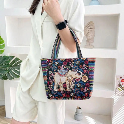 Fashion Women's Canvas Handbag - Animal Ethnic Style Embroidered Tote Bag with Elephant, Peacock, and Rabbit Designs