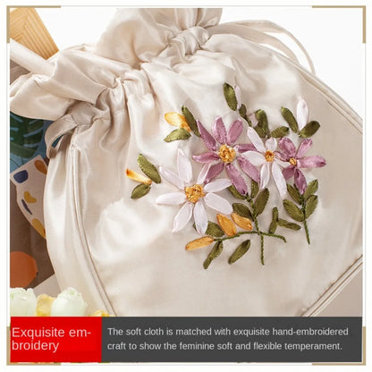 Small Women's Bucket Bag – Top Handle Ladies Handbag, Summer Purse with National Style Embroidered Flower Pattern and Drawstring Closure