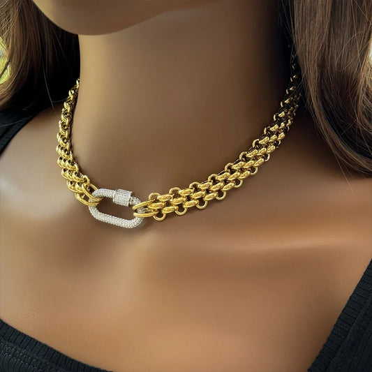 18K Gold Plated Stainless Steel Necklace for Women, Waterproof Three Layer Braided Chain, Zircon Clasp, Fashion Jewelry