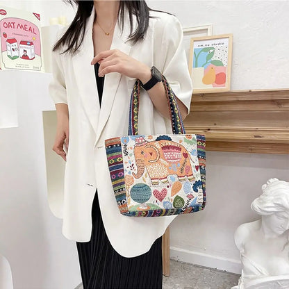 Fashion Women's Canvas Handbag - Animal Ethnic Style Embroidered Tote Bag with Elephant, Peacock, and Rabbit Designs