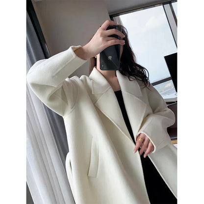 Women's White Midi Wool Blend Coat with Lace Up Design