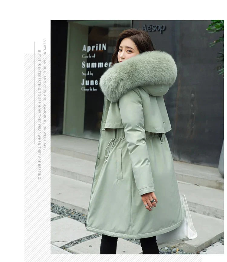 Long Hooded Parka with Wool Liner and Fur Collar Thick and Warm