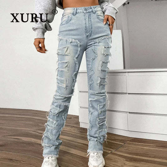 XURU-Elastic Patch Jeans for Women, Tear Layered, Straight Leg, European and American Wear, K16-CK3018, New