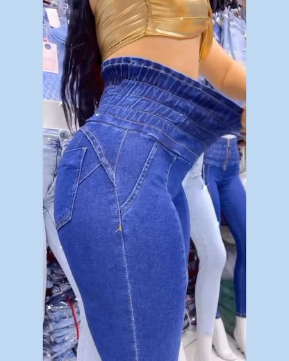 Front Zipper Stethcy Booty High Waisted Jeans Women'S Buttocks Shaping Tight Denim Pants