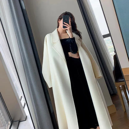 Women's White Midi Wool Blend Coat with Lace Up Design