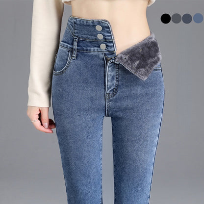 Women Plus Fleece Jeans High Waist Slim High Elastic Body Warmer Pants  Winter Warm Jeans Female