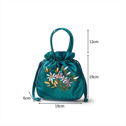 Small Women's Bucket Bag – Top Handle Ladies Handbag, Summer Purse with National Style Embroidered Flower Pattern and Drawstring Closure