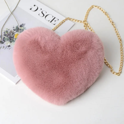 Heart Shaped Handbag: Cute Faux Fur Crossbody, Soft Plush Chain Shoulder Shopper