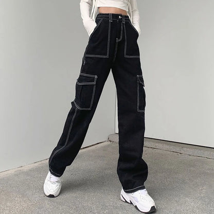 Baggy Black Wide Leg Jeans with Patchwork Pockets and Streetwear Style