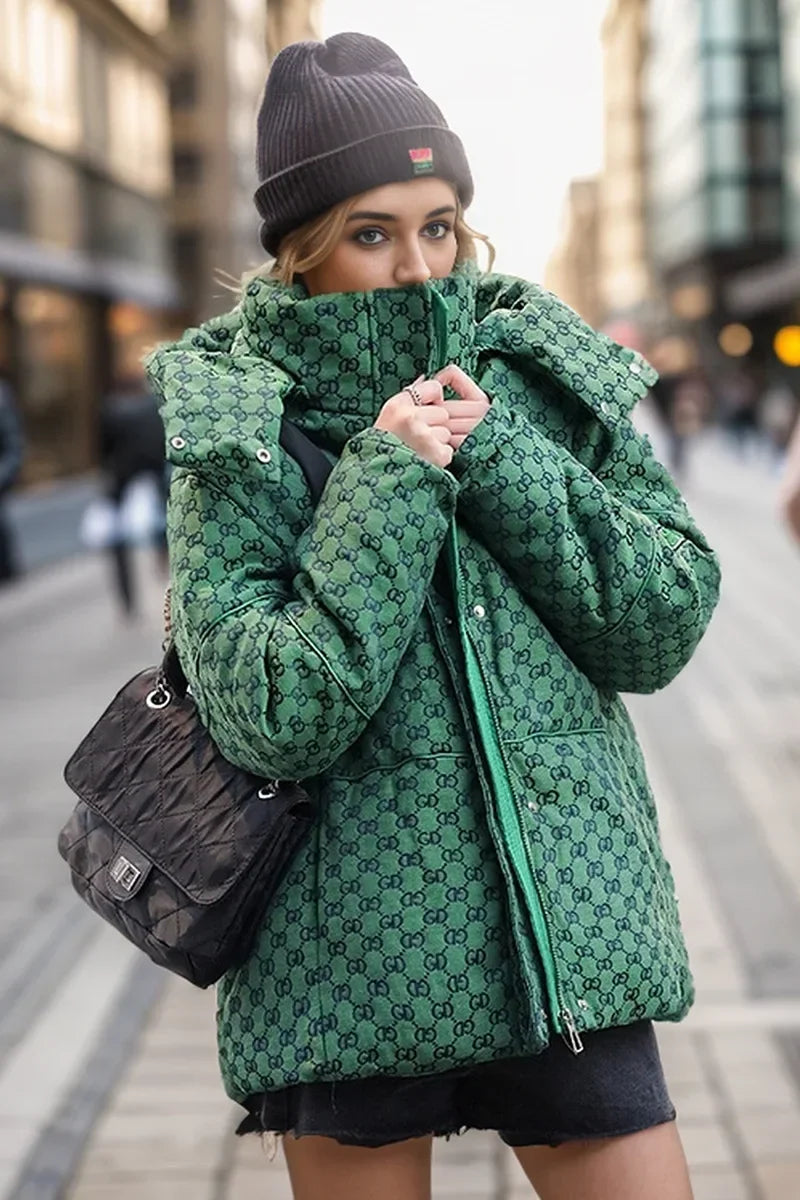 Hooded Green Printed Jacket with Zippers Chic Casual