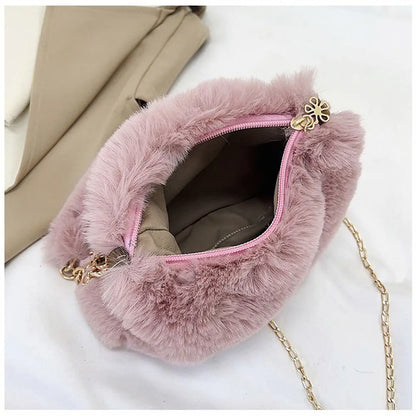 Fashion Women Fluffy Shoulder Bag – Winter Chain Underarm Bag med mjukt plyschhandtag