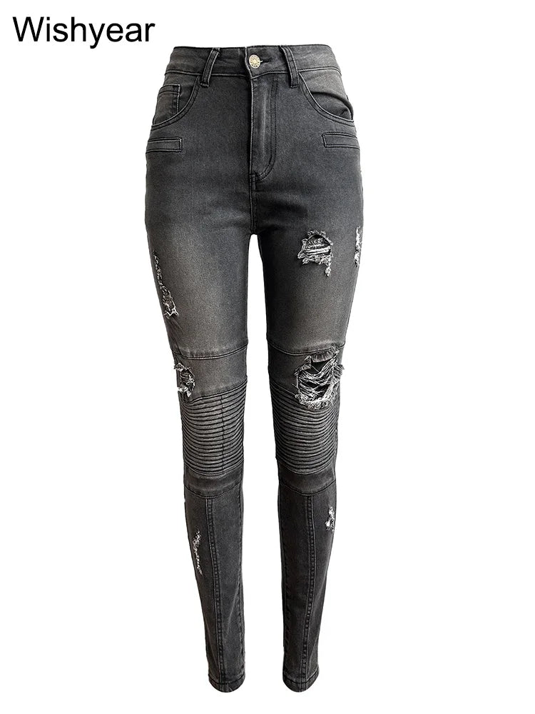 Sexy Hold Pocket Ripped Cargo Stretch Denim Pants Women Fashion Spring Moto Biker Skinny Pencil Jeans Streetwear y2k Trousers