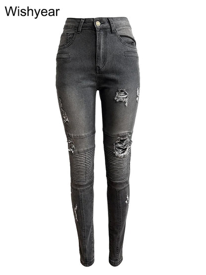 Sexig hållficka Ripped Cargo Stretch Jeansbyxor Dammode Vår Moto Biker Skinny Pencil Jeans Streetwear y2k Byxor