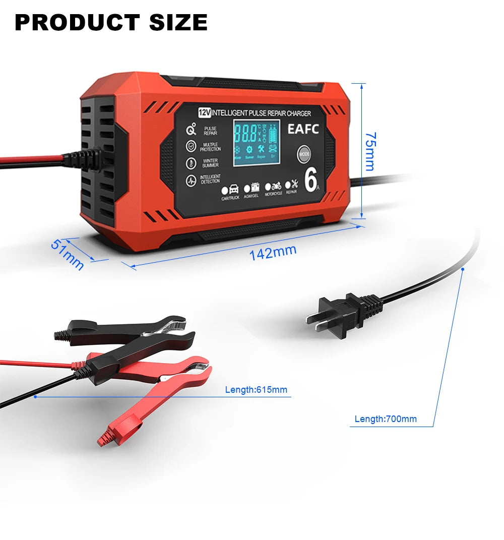 Bilbatteriladdare 6A 12V Bil- och motorcykelbatteriladdare Blybatteri Smart Repair LCD-skärm