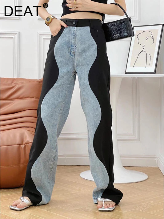 High Waist Black and Blue Wave Spliced ​​Wide Leg Jeans Trendig stil