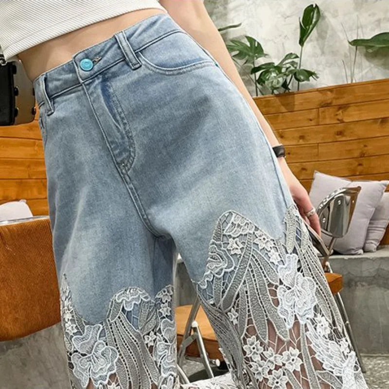 Byxor för kvinna och Capris Raka ben med strass Transparenta damjeans Spets Grunge Y2k Spring Pant Vintage Byxor