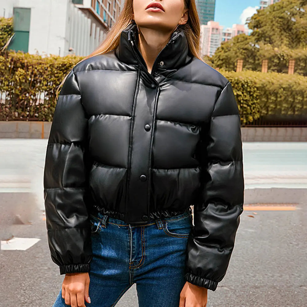 Women's Black PU Leather Cropped Puffer Jacket with Zipper