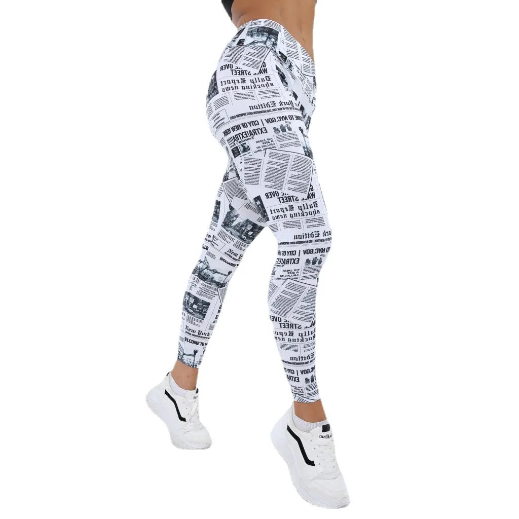 Women's High Waist Seamless Leggings with Newspaper Print