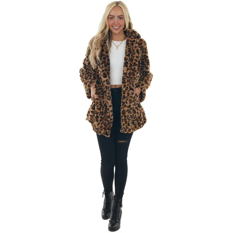 Leopard Print Faux Fur Coat with Pockets Loose and Stylish