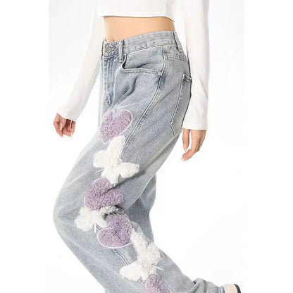 Light-Colored High Waist Jeans with Butterfly Embroidery and Straight-Leg Fit