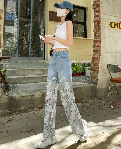 Pants for Woman and Capris Straight Leg with Rhinestones Transparent Women's Jeans Lace Grunge Y2k Spring Pant Vintage Trousers