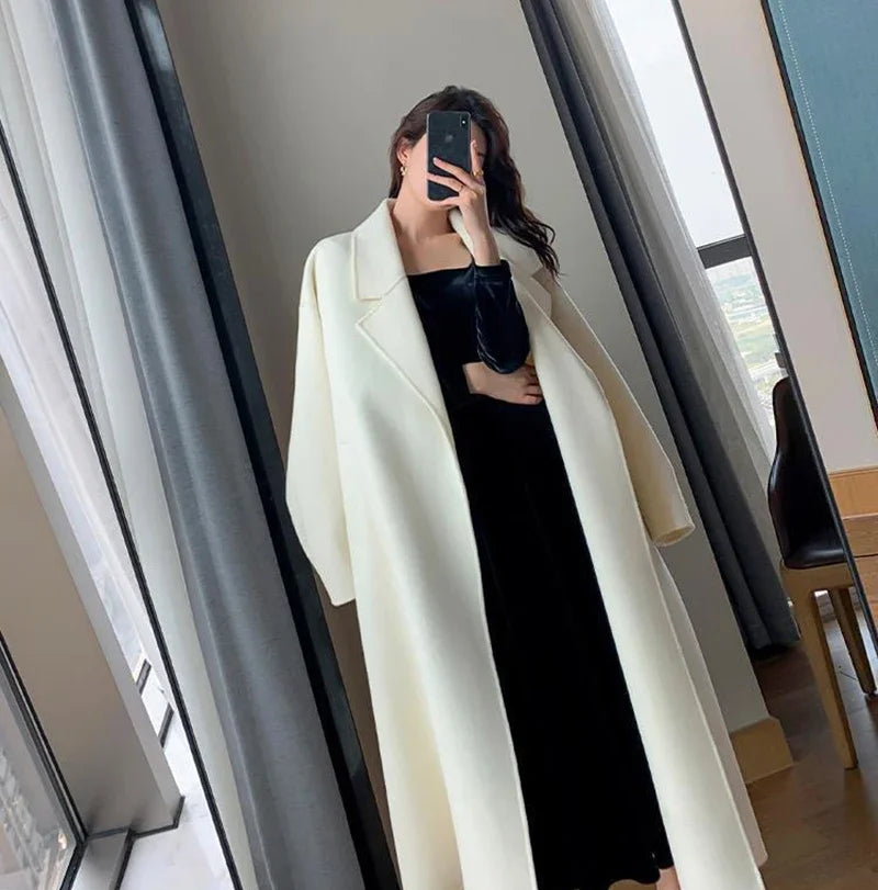 Women's White Midi Wool Blend Coat with Lace Up Design