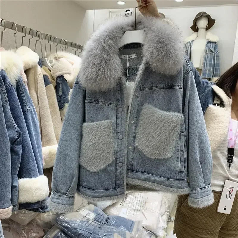 Women's Korean Style Fleece Lined Denim Jacket with Cotton Filling