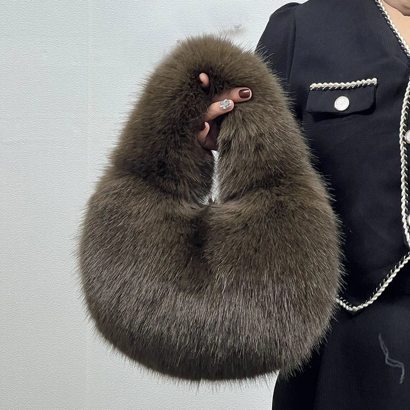 Soft Plysh Half Moon-väskor: Designer Fluffy Faux Fur, Luxury Small Tote