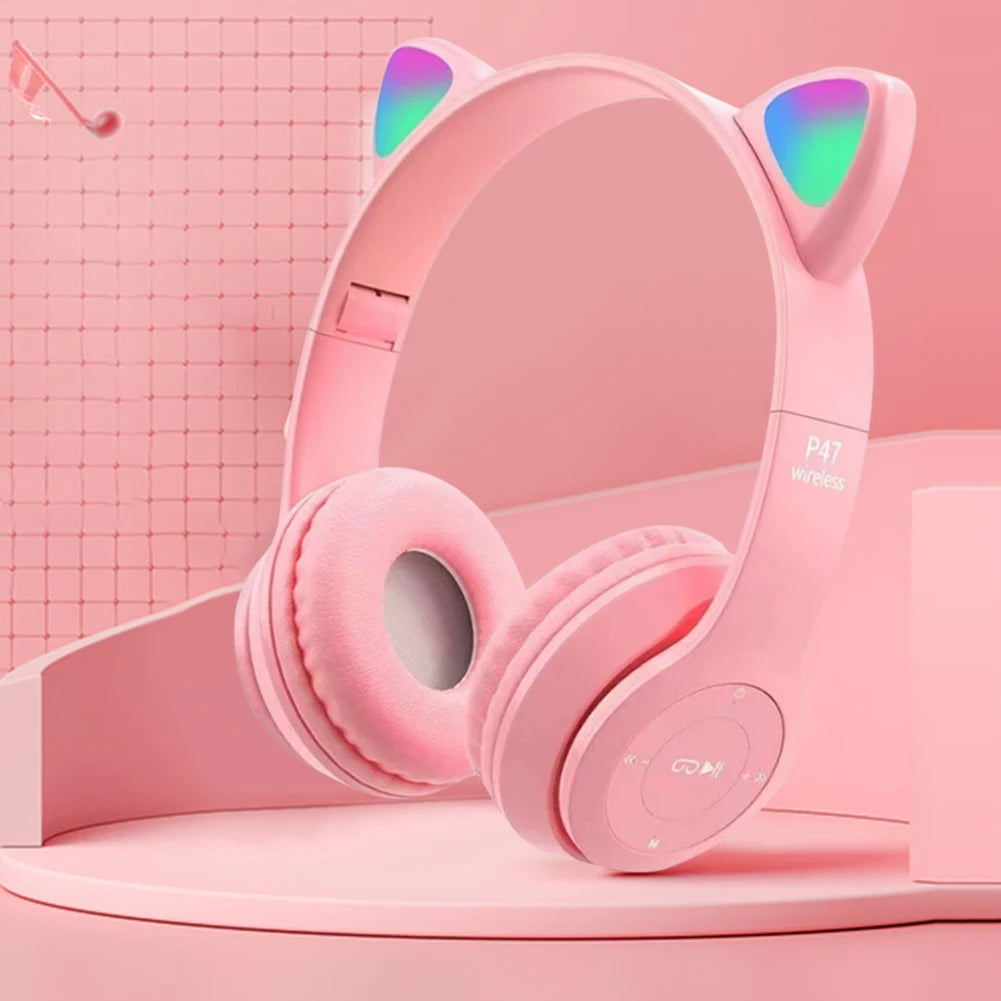 Cute Cat Ear Headphones with RGB LED Light Wireless Headset Kids Girls Stereo Phone Music Bluetooth Headset PC Gamer Gift