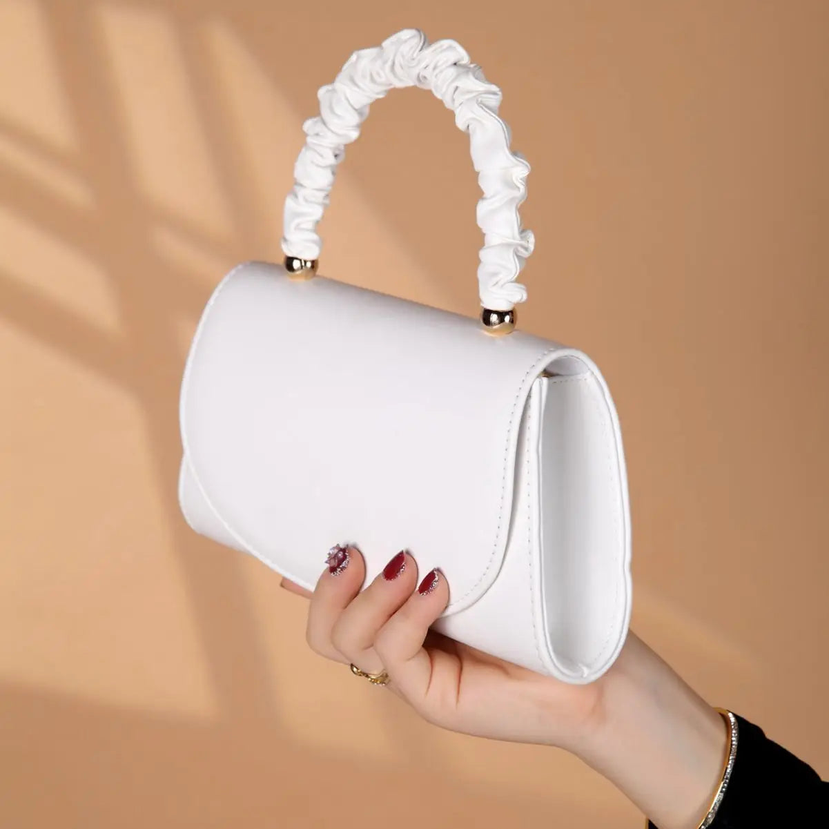 Women Top-handle Bags – White Leather Bride Handbags Purse, Designer Evening Bags, Party Handbag, Wedding Clutch Wallet, Shoulder Bag.v