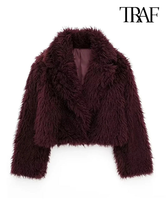 Vintage Burgundy Faux Fur Short Coat with Lapel Thick and Warm