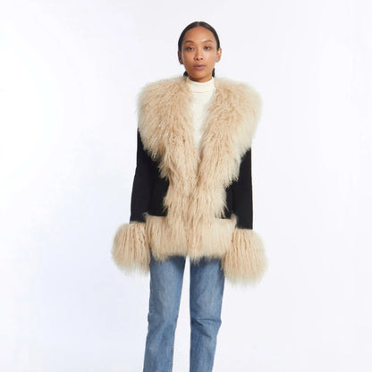 Maxi Suede Jacket with Faux Mongolian Fur Trim and Cotton Lining