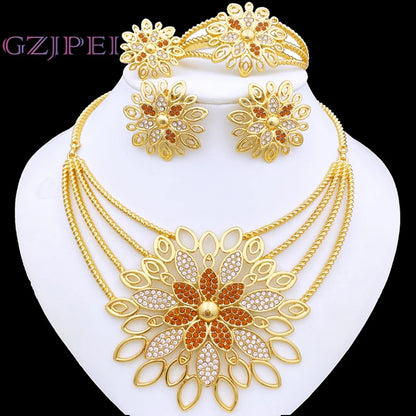 Luxury Jewelry Set For Women High Quality 18K Gold Plated Dubai Jewelry Necklace Earring Ring Bracelet Trending