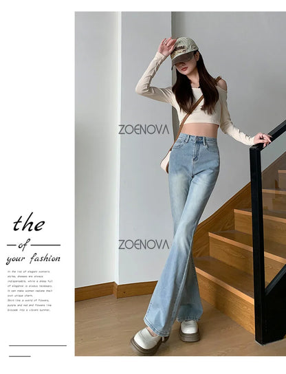 ZOENOVA Harajuku Street Casual Simple Solid Color Women's Jeans 2024 New Fashion Lady High Waist Slim VersatileMicro Flare Pants